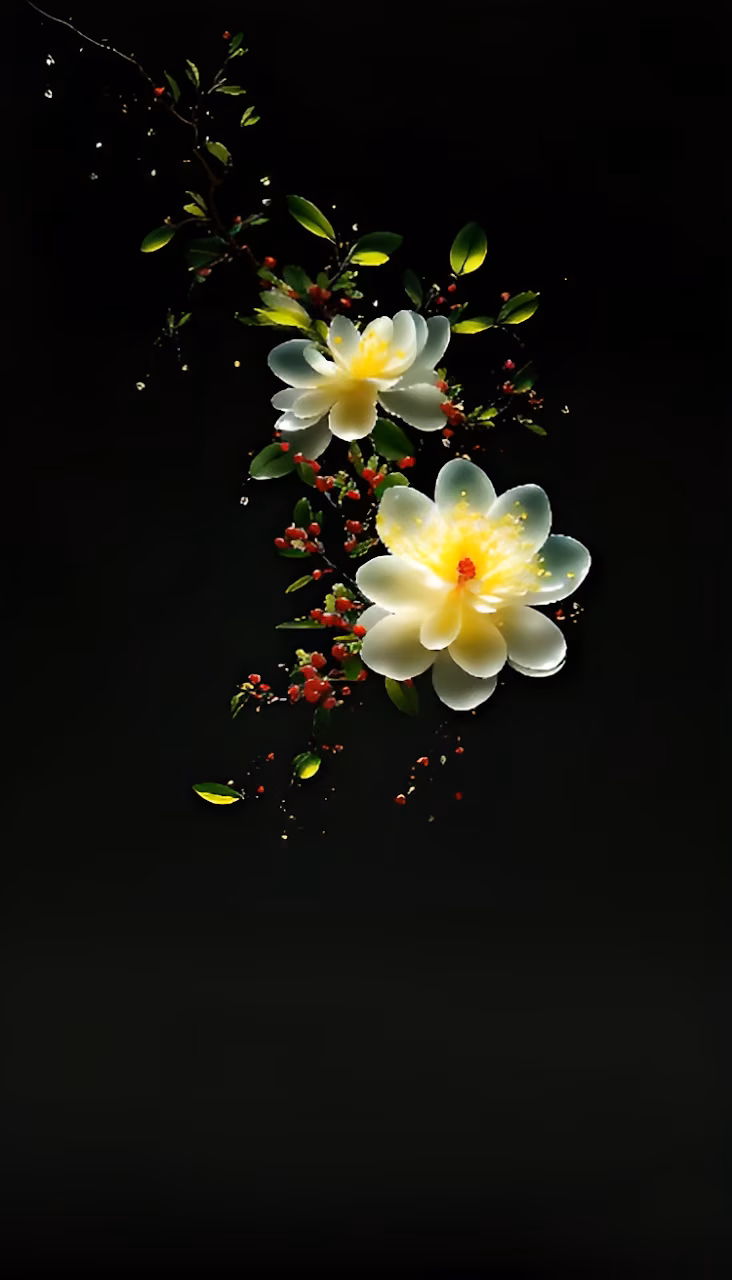 White Blossoms with Red Berries on Dark Background - Free Mobile AMOLED Wallpaper Background
