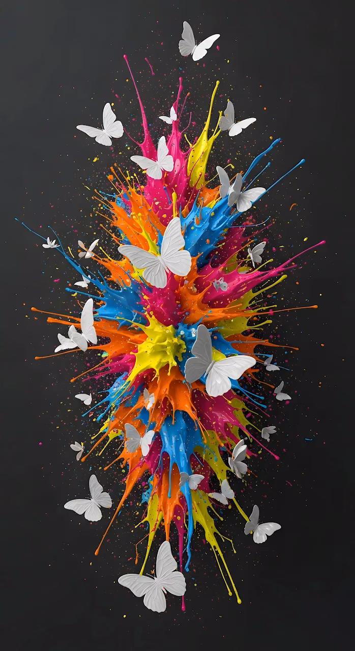 White Butterflies Flying from Explosive CMYK Paint Splash - Free Mobile AMOLED Wallpaper Background