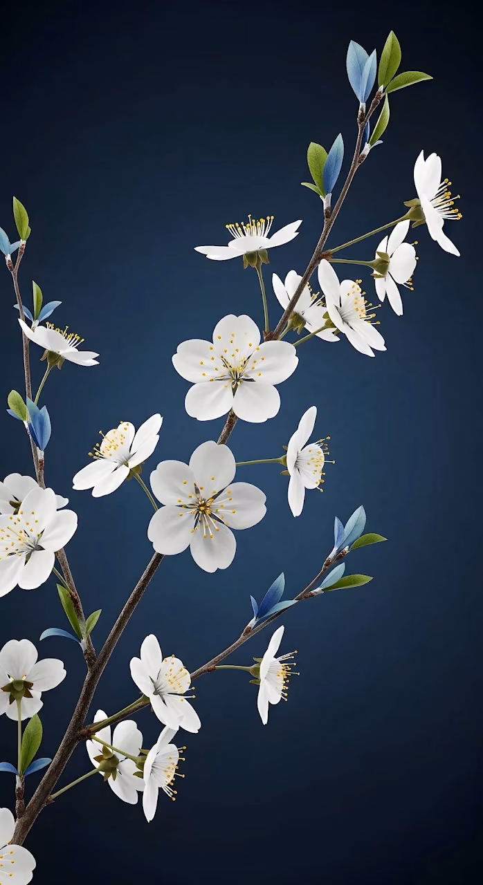 White Cherry Blossoms on Deep Midnight Blue Background - Free Mobile AMOLED Wallpaper Background