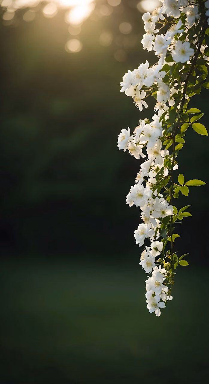 Download White Climbing Roses Draped in Golden Sunlight Wallpaper in Mobile HD White Climbing Roses Draped in Golden Sunlight - Free Mobile AMOLED Wallpaper Background