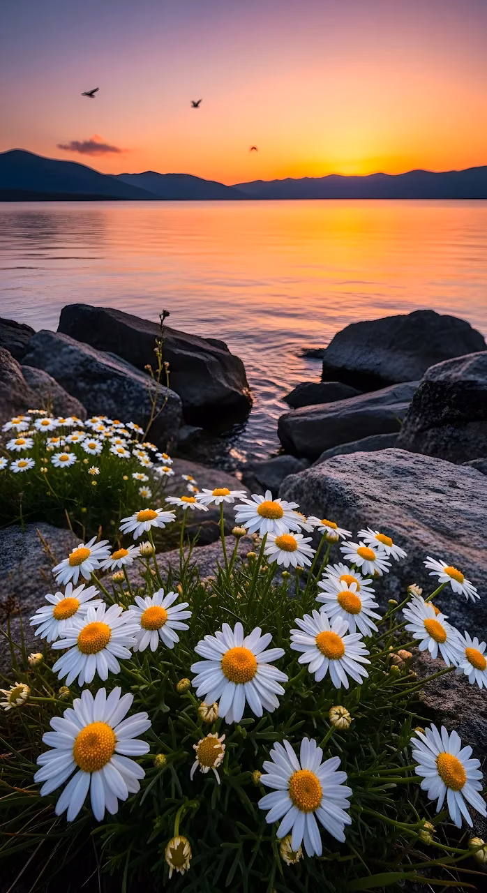 White Daisies on Rocky Shore at Vibrant Sunset Lake - Free Mobile AMOLED Wallpaper Background
