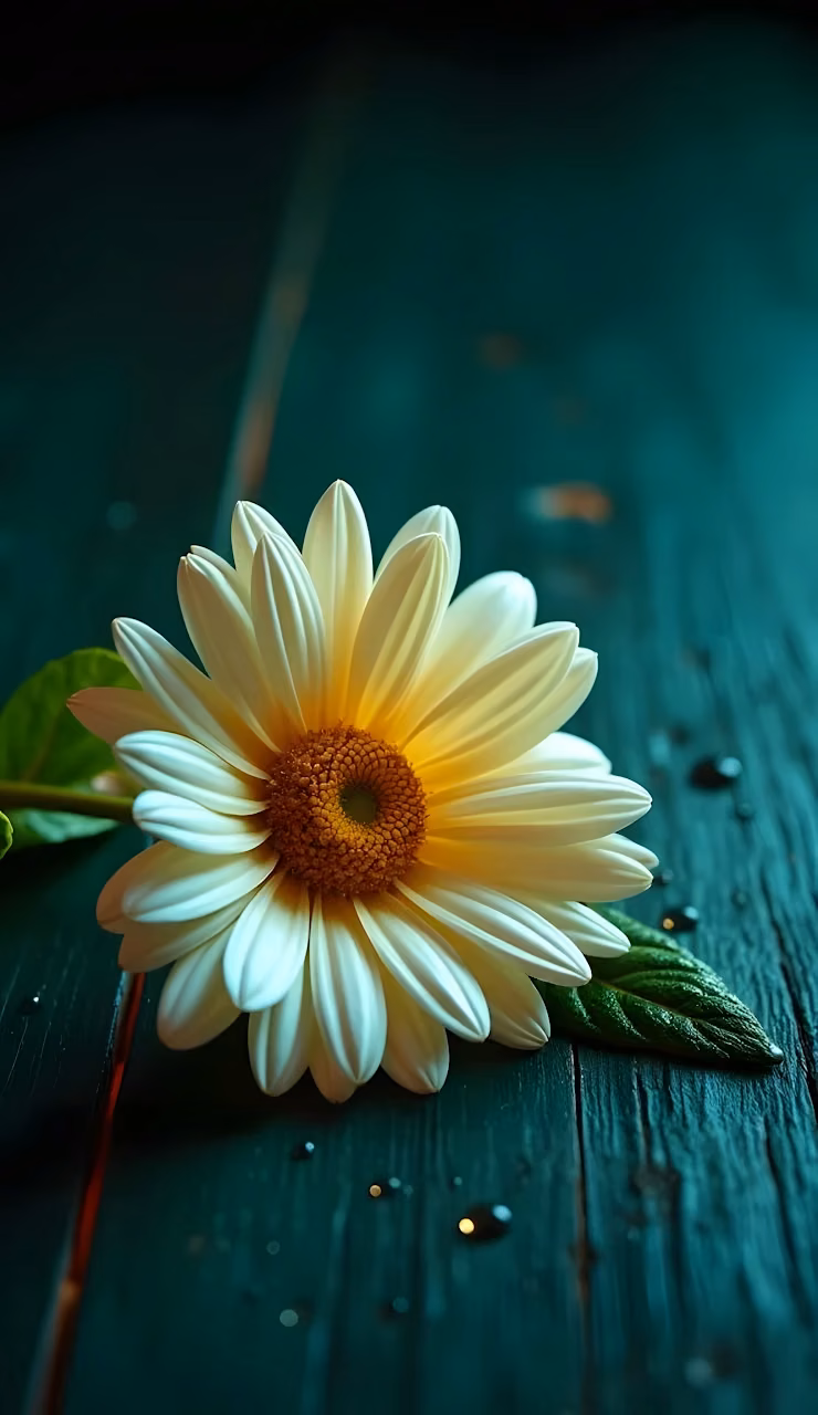 Download White Daisy on Dark Wood with Water Droplets Wallpaper in Mobile HD White Daisy on Dark Wood with Water Droplets - Free Mobile AMOLED Wallpaper Background