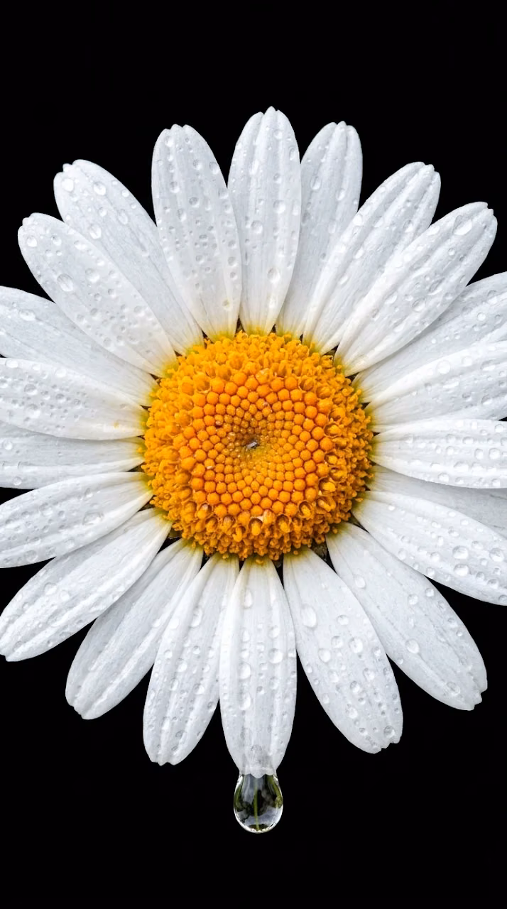 White Daisy Flower Covered in Water Droplets on Black Background - Free Mobile AMOLED Wallpaper Background