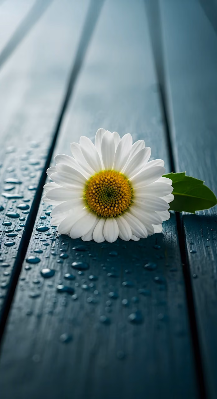 Download White Daisy on Wet Dark Blue Wooden Planks with Water Droplets Wallpaper in Mobile HD White Daisy on Wet Dark Blue Wooden Planks with Water Droplets - Free Mobile AMOLED Wallpaper Background