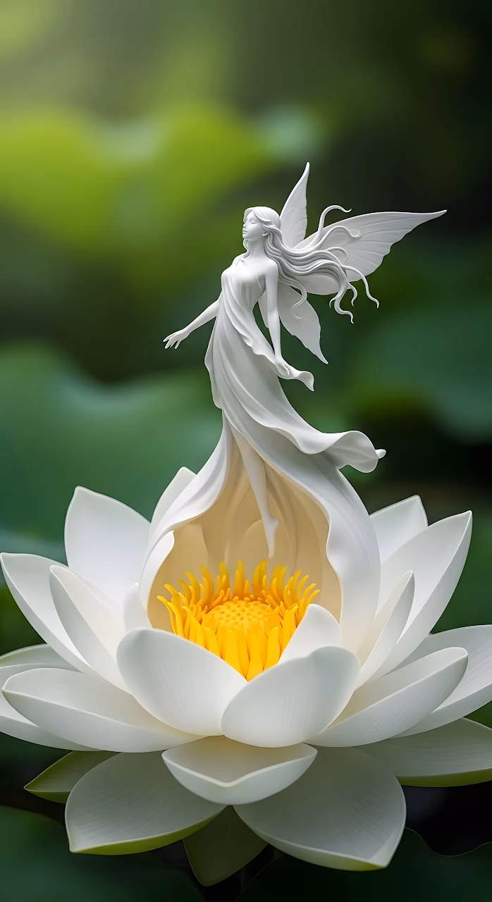 White Fairy Sculpture Emerging from Lotus Flower - Free Mobile AMOLED Wallpaper Background