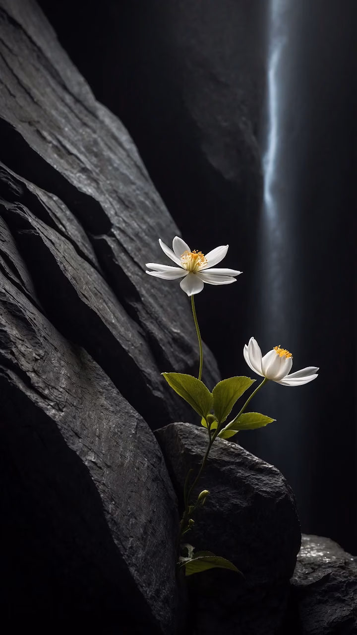 White Flower Blooming on Dark Rock Face - Free Mobile AMOLED Wallpaper Background