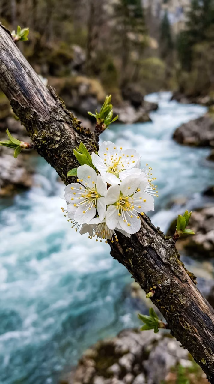 White Flowers on Branch Overlooking a Rushing River - Free Mobile AMOLED Wallpaper Background