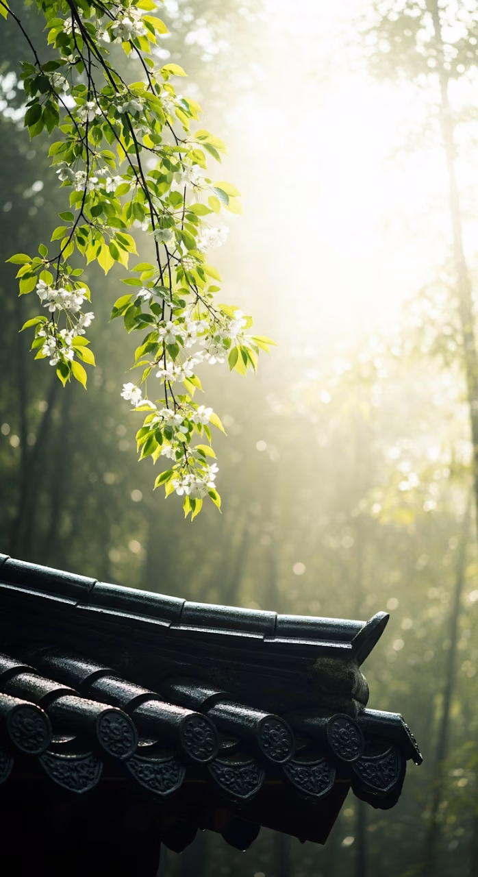 White Flowers Hanging Over a Traditional Tiled Roof in a Sunlit Misty Forest - Free Mobile AMOLED Wallpaper Background
