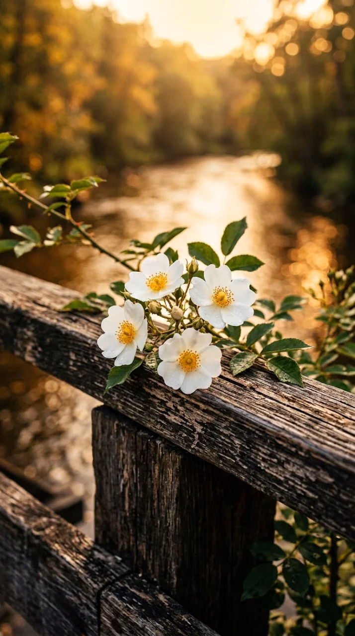 White Flowers on a Weathered Wooden Bridge over a Sunlit Creek - Free Mobile AMOLED Wallpaper Background