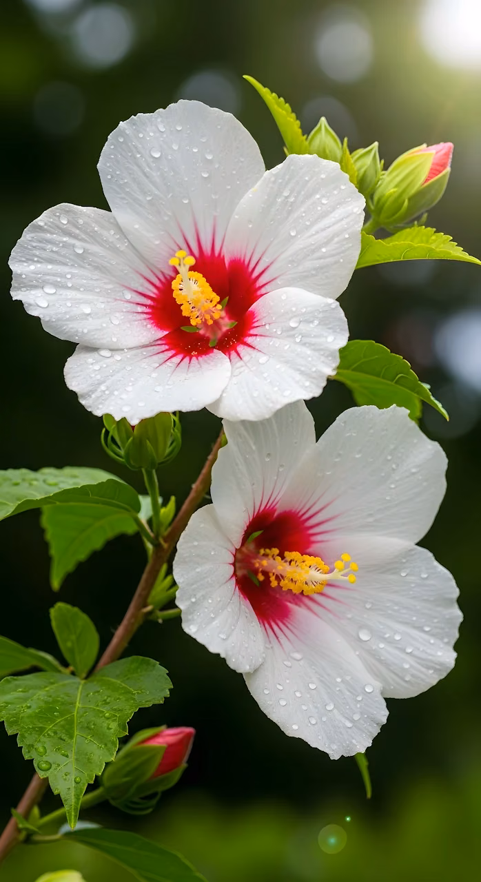 White Hibiscus Flowers with Dew Drops Macro Photography - Free Mobile AMOLED Wallpaper Background