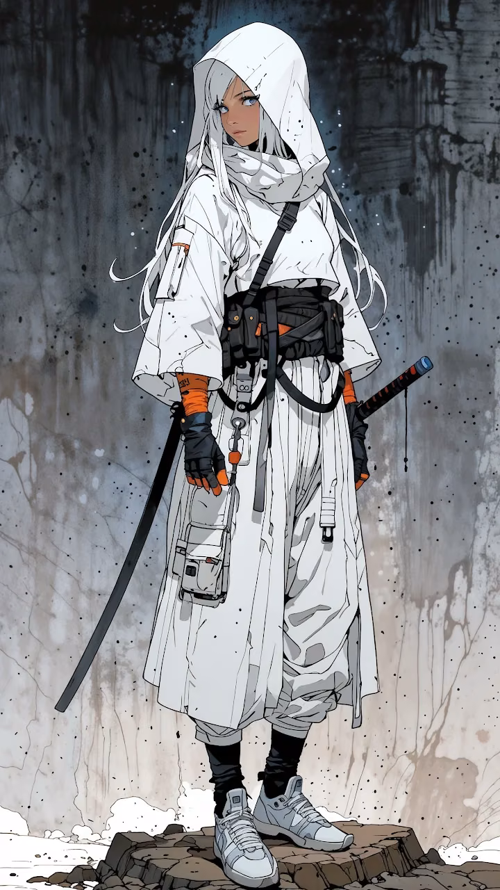 Download White Hooded Warrior with Katana in Ruins Wallpaper in Mobile HD White Hooded Warrior with Katana in Ruins - Free Mobile AMOLED Wallpaper Background