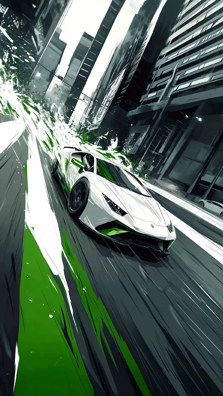 Download White Lamborghini Speeding Through City Street Dynamic Art Wallpaper in Mobile HD White Lamborghini Speeding Through City Street Dynamic Art - Free Mobile AMOLED Wallpaper Background