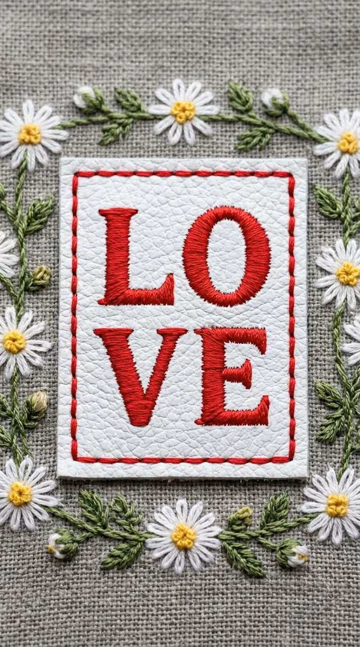 Download White Leather 'LOVE' Patch with Red Border and Embroidered Daisies Wallpaper in Mobile HD White Leather 'LOVE' Patch with Red Border and Embroidered Daisies - Free Mobile AMOLED Wallpaper Background