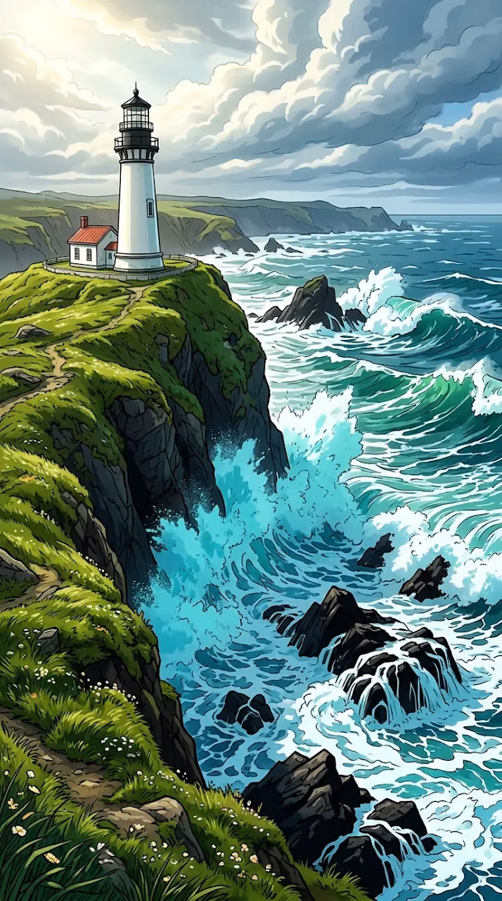 Download White Lighthouse on Green Cliff with Powerful Ocean Waves Wallpaper in Mobile HD White Lighthouse on Green Cliff with Powerful Ocean Waves - Free Mobile AMOLED Wallpaper Background