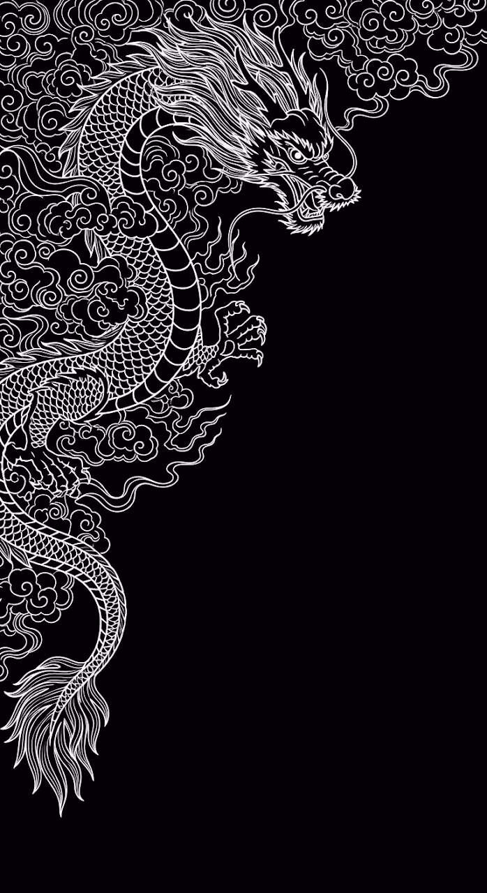 White Line Art Dragon on a Solid Black Background - Free Mobile AMOLED Wallpaper Background