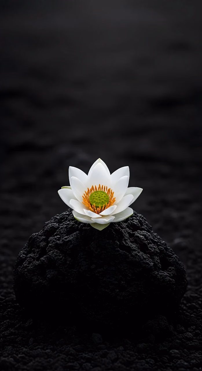 Download White Lotus Flower on Black Volcanic Rock Low-Key Wallpaper in Mobile HD White Lotus Flower on Black Volcanic Rock Low-Key - Free Mobile AMOLED Wallpaper Background
