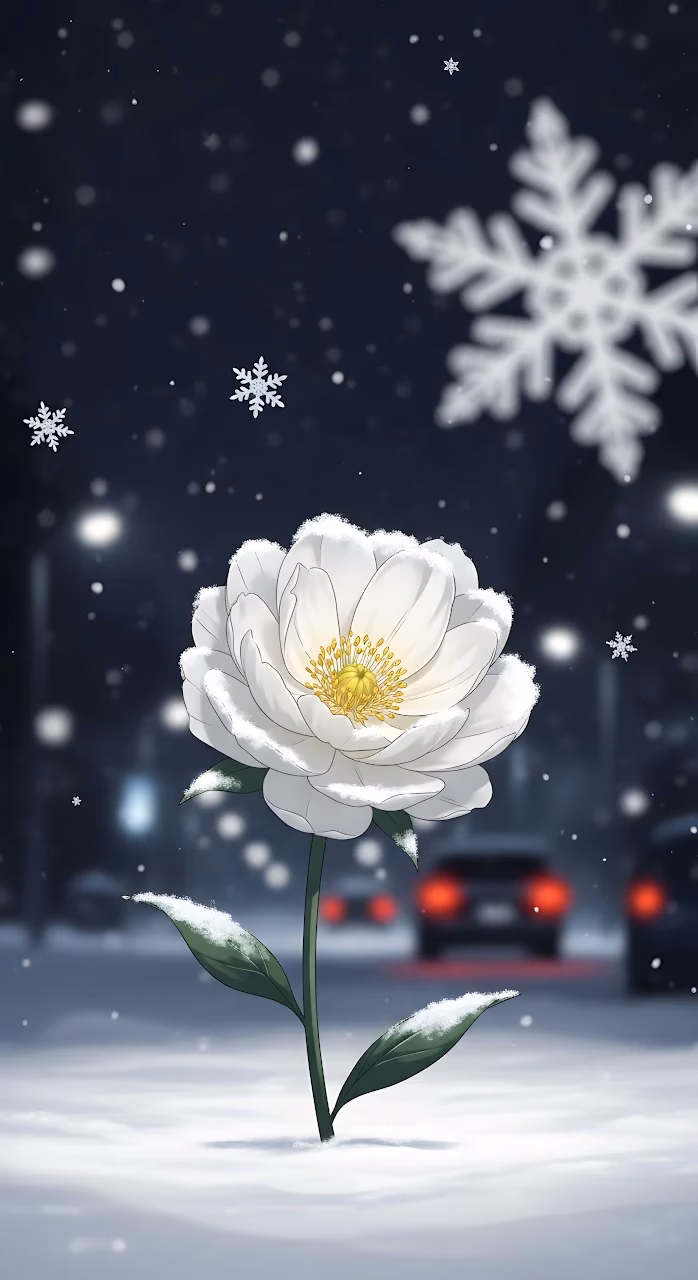 Download White Peony Blooming in Snowy City Night Scene Wallpaper in Mobile HD White Peony Blooming in Snowy City Night Scene - Free Mobile AMOLED Wallpaper Background