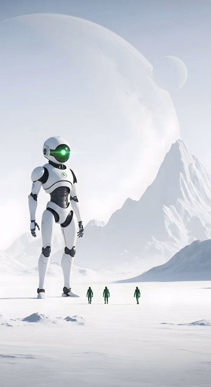 White Sci-Fi Robot on Icy Alien Planet Landscape - Free Mobile AMOLED Wallpaper Background