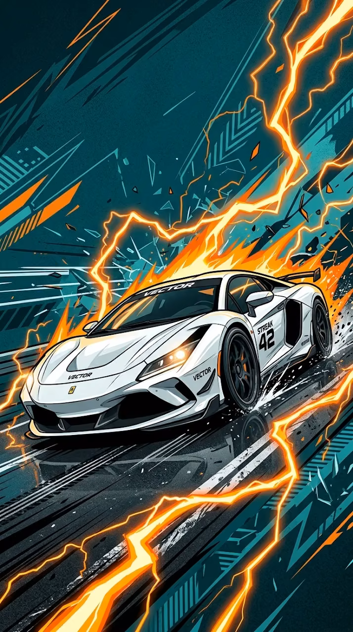 White Sports Car Speeding on Road with Orange Lightning Trails - Free Mobile AMOLED Wallpaper Background