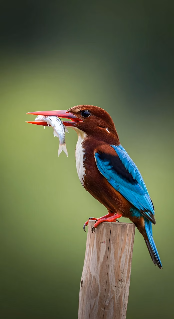 White-throated Kingfisher Holding a Freshly Caught Fish - Free Mobile AMOLED Wallpaper Background