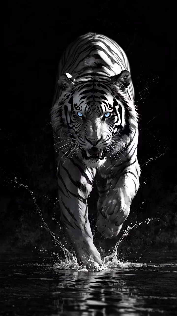 White Tiger with Blue Eyes Charging Through Water - Free Mobile AMOLED Wallpaper Background