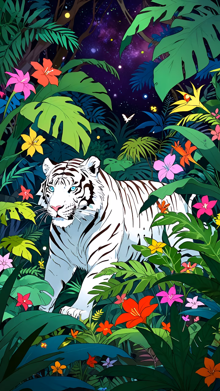 Download White Tiger in Enchanted Jungle Under Starry Sky Wallpaper in Mobile HD White Tiger in Enchanted Jungle Under Starry Sky - Free Mobile AMOLED Wallpaper Background