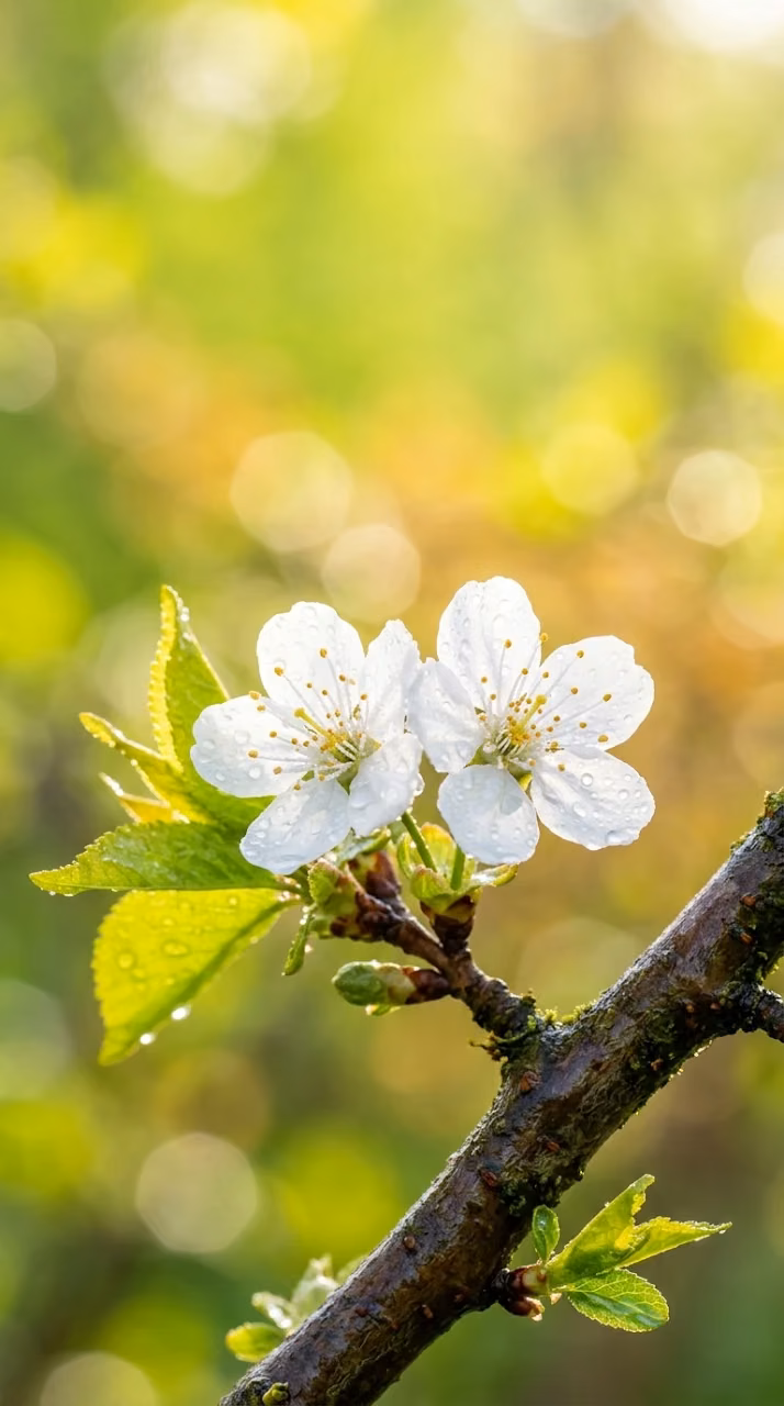 White Tree Blossoms on a Branch against Bright Green Background - Free Mobile AMOLED Wallpaper Background
