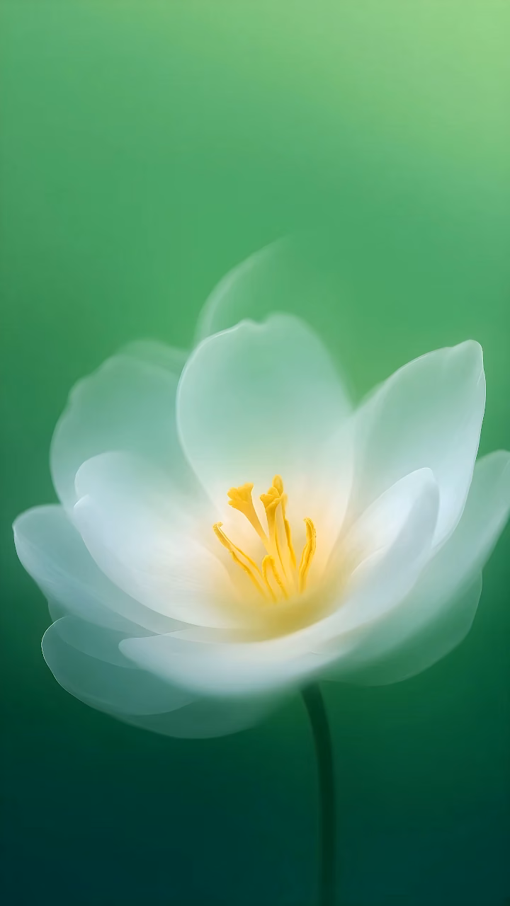 Close-up of a delicate white flower with soft glowing petals and yellow stamens on a green backdrop.