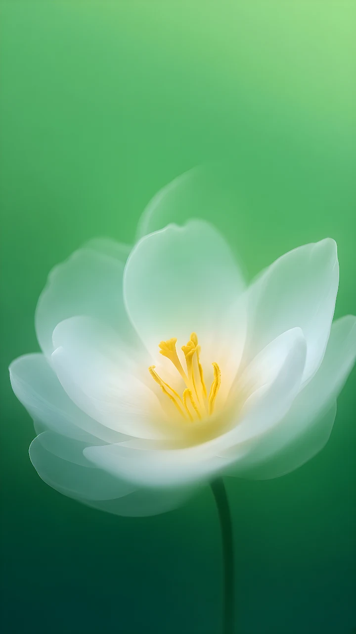 Download White Tulip Macro Bloom Soft Focus 4K Wallpaper in Mobile HD Close-up of a delicate white flower with soft glowing petals and yellow stamens on a green backdrop.