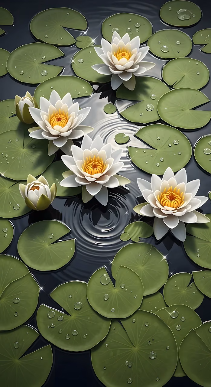 White Water Lilies and Lily Pads on Dark Pond Surface - Free Mobile AMOLED Wallpaper Background