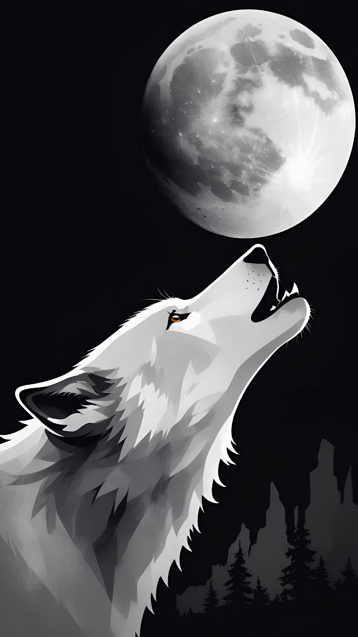 White Wolf Howling at Full Moon Minimalist Vector Art - Free Mobile AMOLED Wallpaper Background