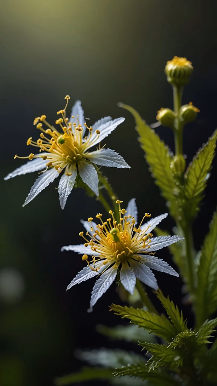 White and Yellow Floral Detail on Cannabis-like Plant - Free Mobile AMOLED Wallpaper Background