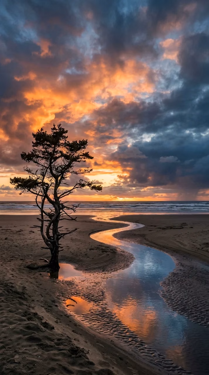 Download Wide Angle Landscape of a Lone Tree on a Beach at Sunset Wallpaper in Mobile HD Wide Angle Landscape of a Lone Tree on a Beach at Sunset - Free Mobile AMOLED Wallpaper Background