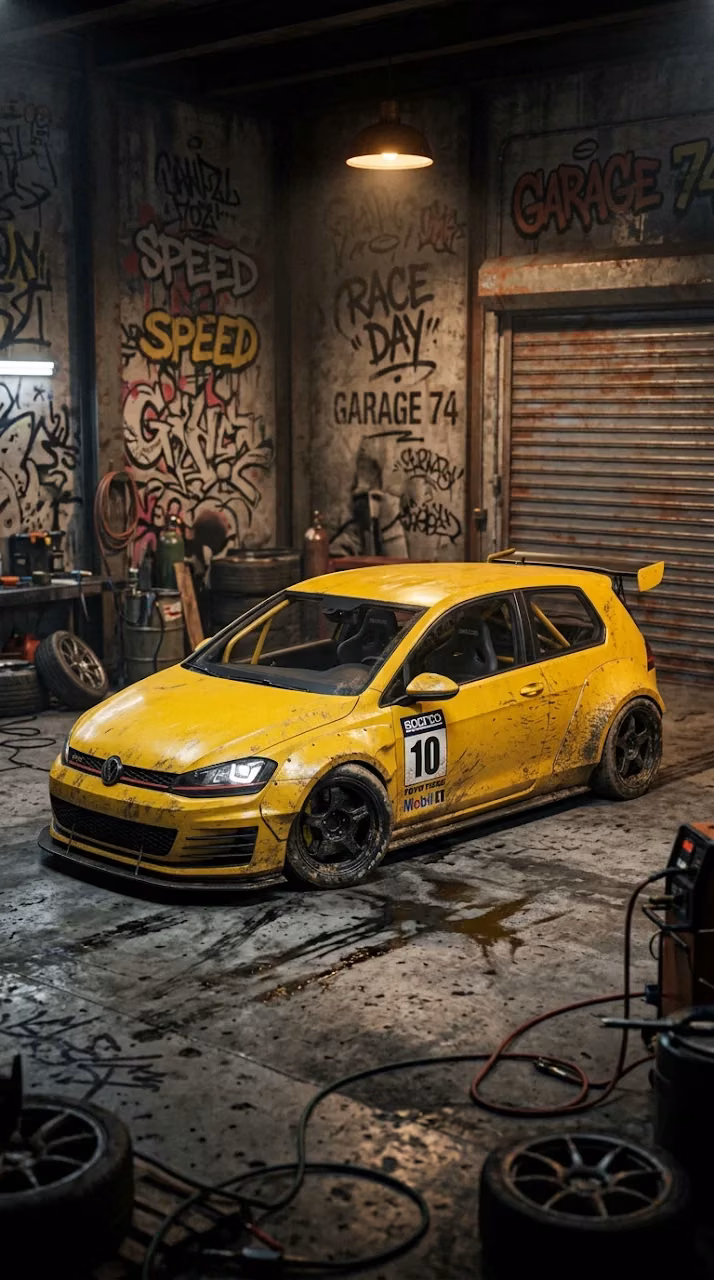 Wide-Body Yellow Compact Performance Car in Gritty Urban Garage Environment - Free Mobile AMOLED Wallpaper Background