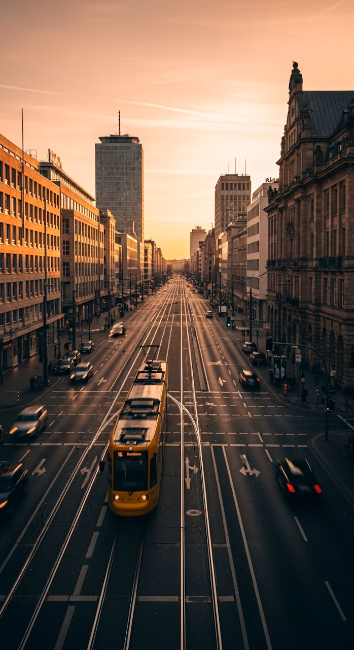 Download Wide City Streetscape with Yellow Tram, Modern and Historic Buildings at Golden Hour Wallpaper in Mobile HD Wide City Streetscape with Yellow Tram, Modern and Historic Buildings at Golden Hour - Free Mobile AMOLED Wallpaper Background