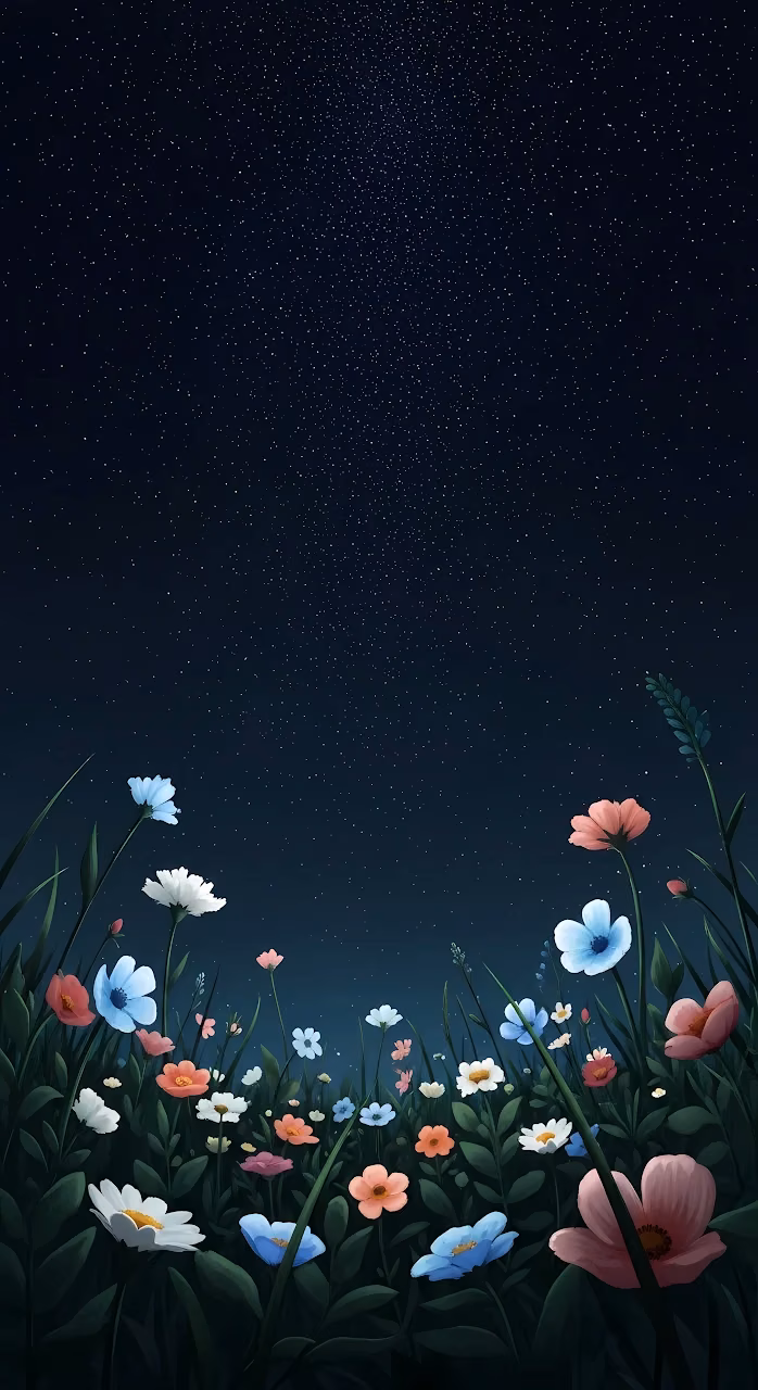 Download Wildflower Meadow Under a Deep Starry Night Sky Wallpaper in Mobile HD Wildflower Meadow Under a Deep Starry Night Sky - Free Mobile AMOLED Wallpaper Background