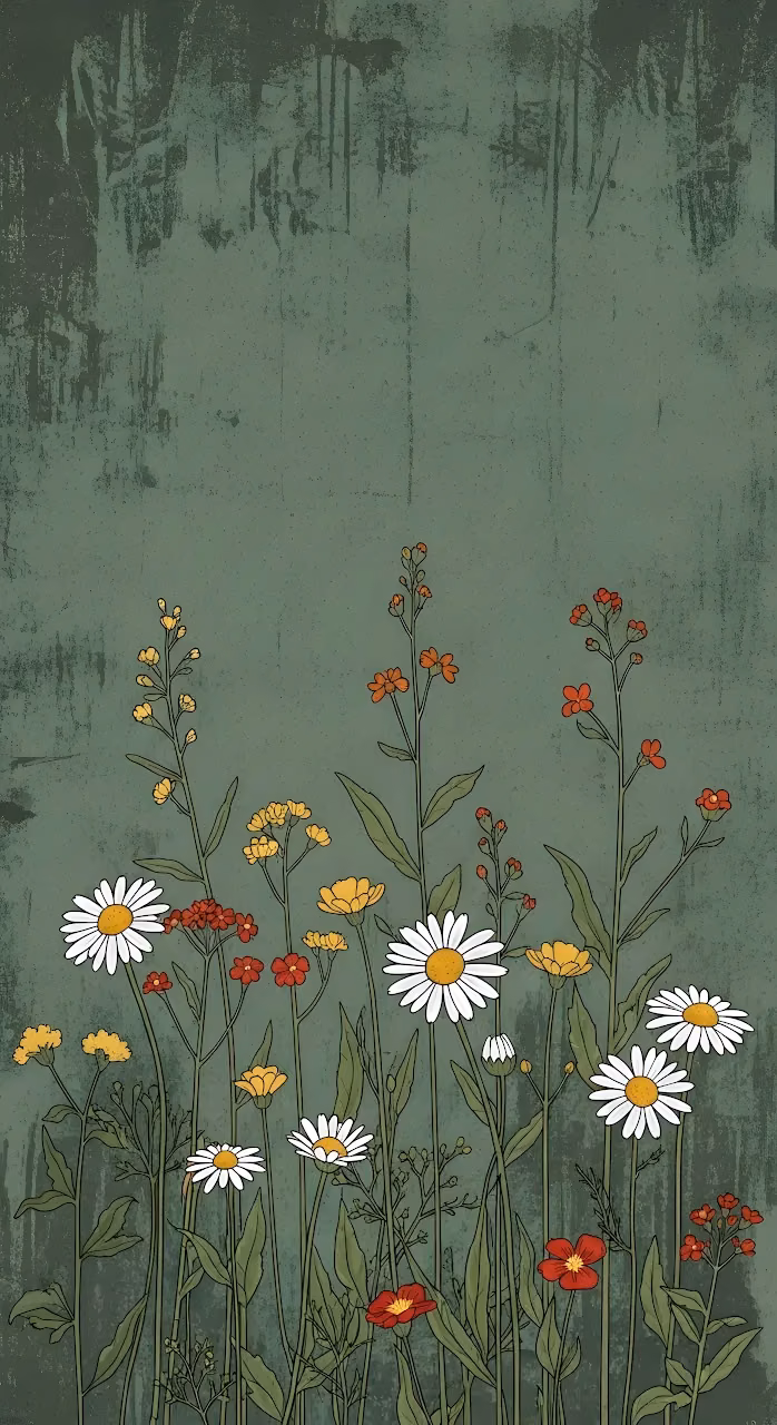 Wildflowers Border on Distressed Green Texture - Free Mobile AMOLED Wallpaper Background