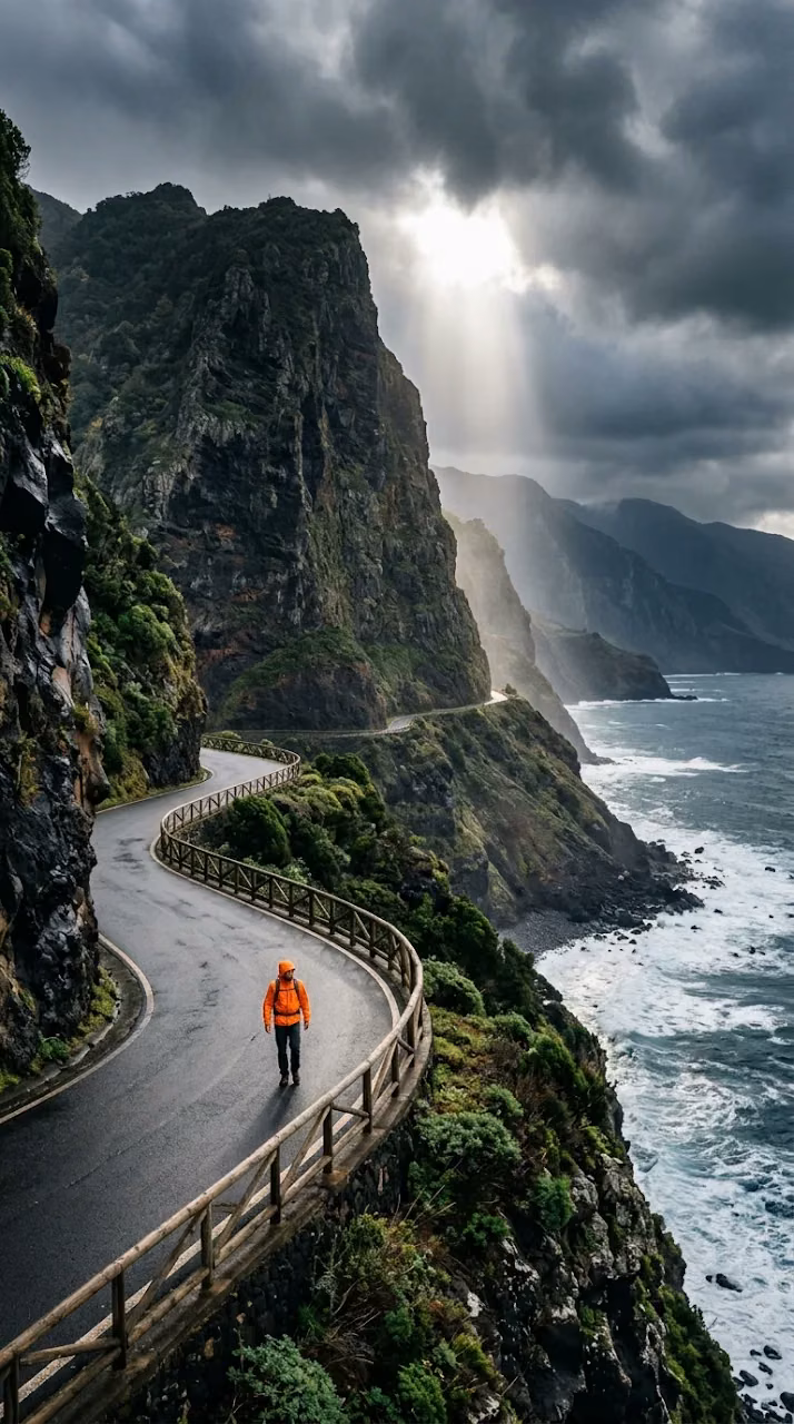 Winding Coastal Highway and Towering Sea Cliffs in Madeira - Free Mobile AMOLED Wallpaper Background