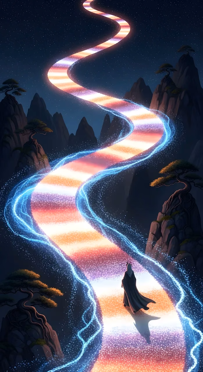 Winding Path of Starlight and Magic in Dark Mountains - Free Mobile AMOLED Wallpaper Background