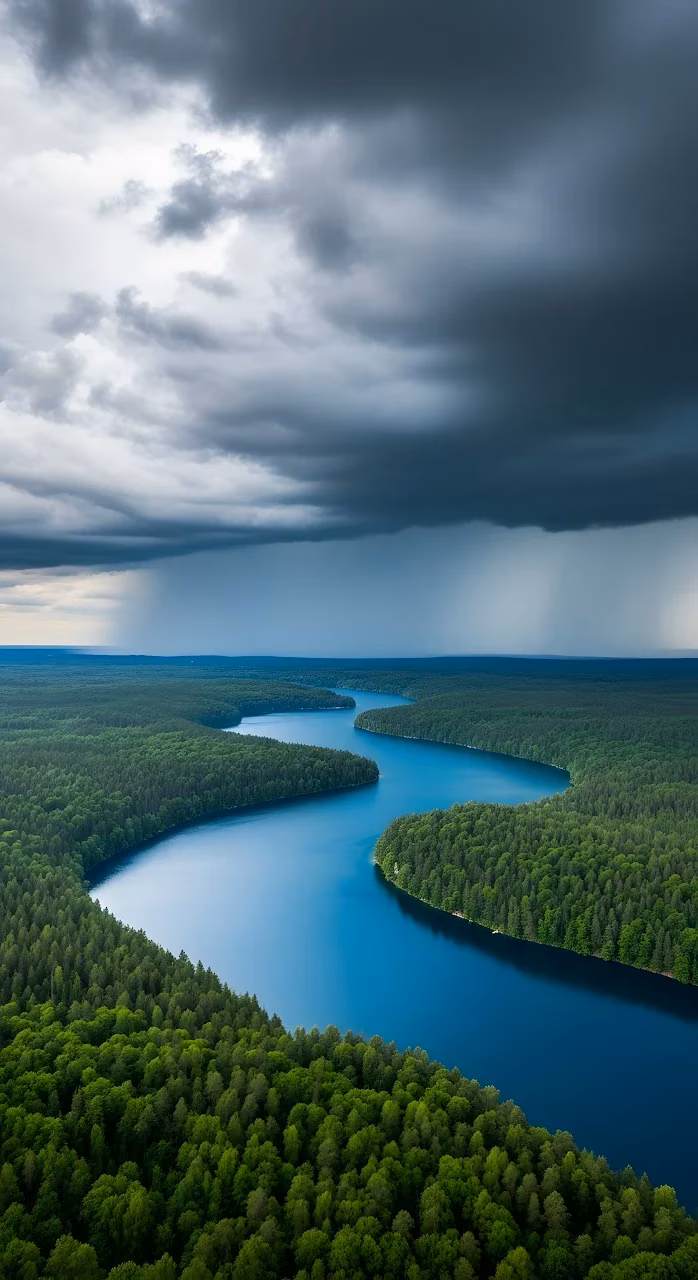 Download Winding River Through Forest Under Dramatic Storm Clouds Wallpaper in Mobile HD Winding River Through Forest Under Dramatic Storm Clouds - Free Mobile AMOLED Wallpaper Background