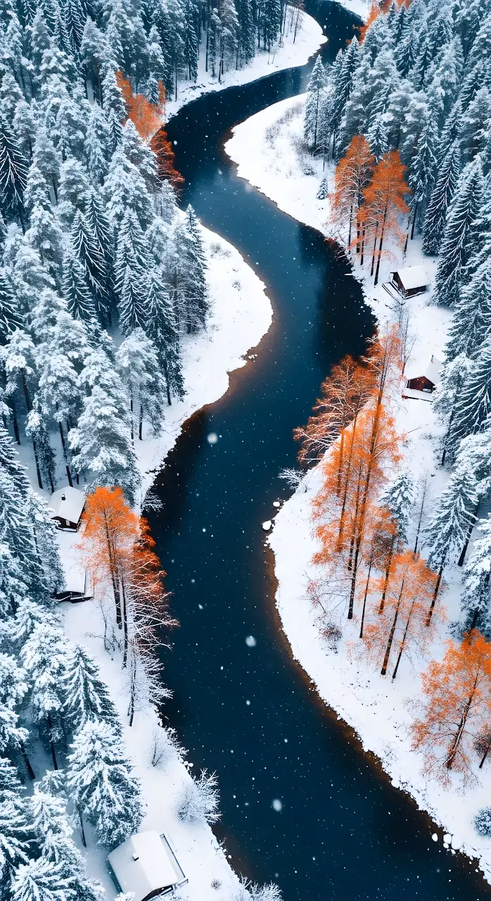 Winding River Snowy Pine Forest Aerial Winter Scene - Free Mobile AMOLED Wallpaper Background