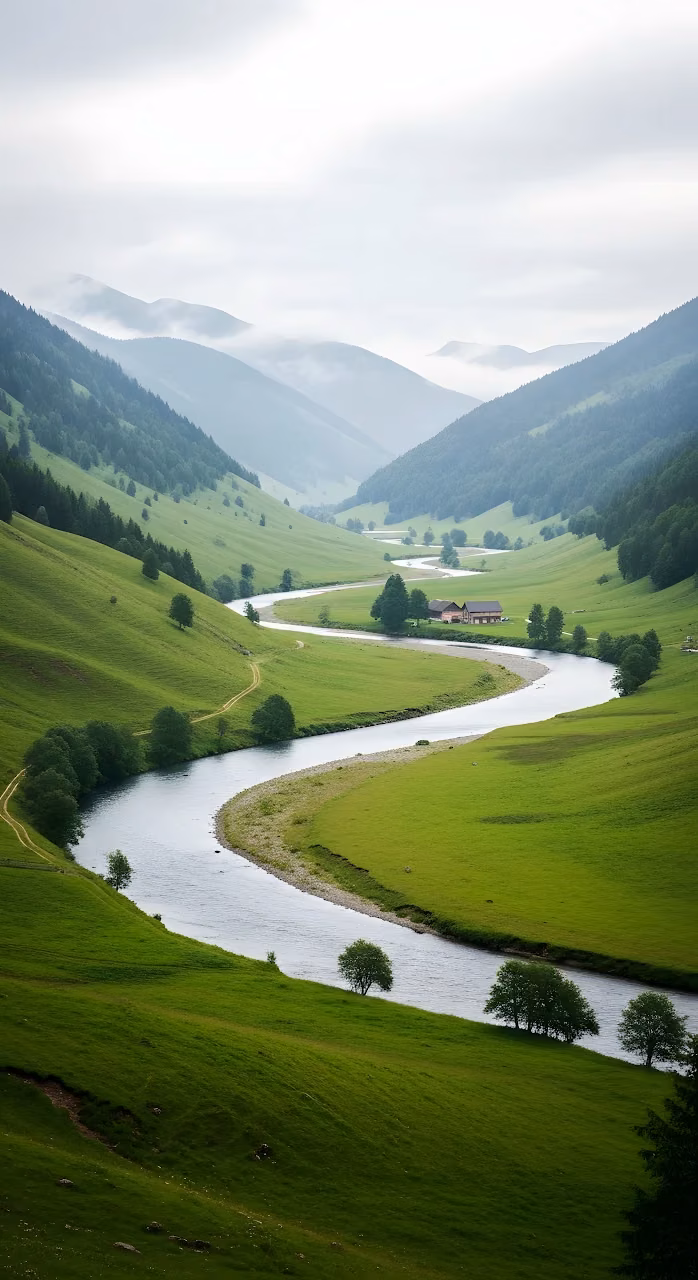 Download Winding River Valley Misty Green Mountain Landscape Wallpaper in Mobile HD Winding River Valley Misty Green Mountain Landscape - Free Mobile AMOLED Wallpaper Background