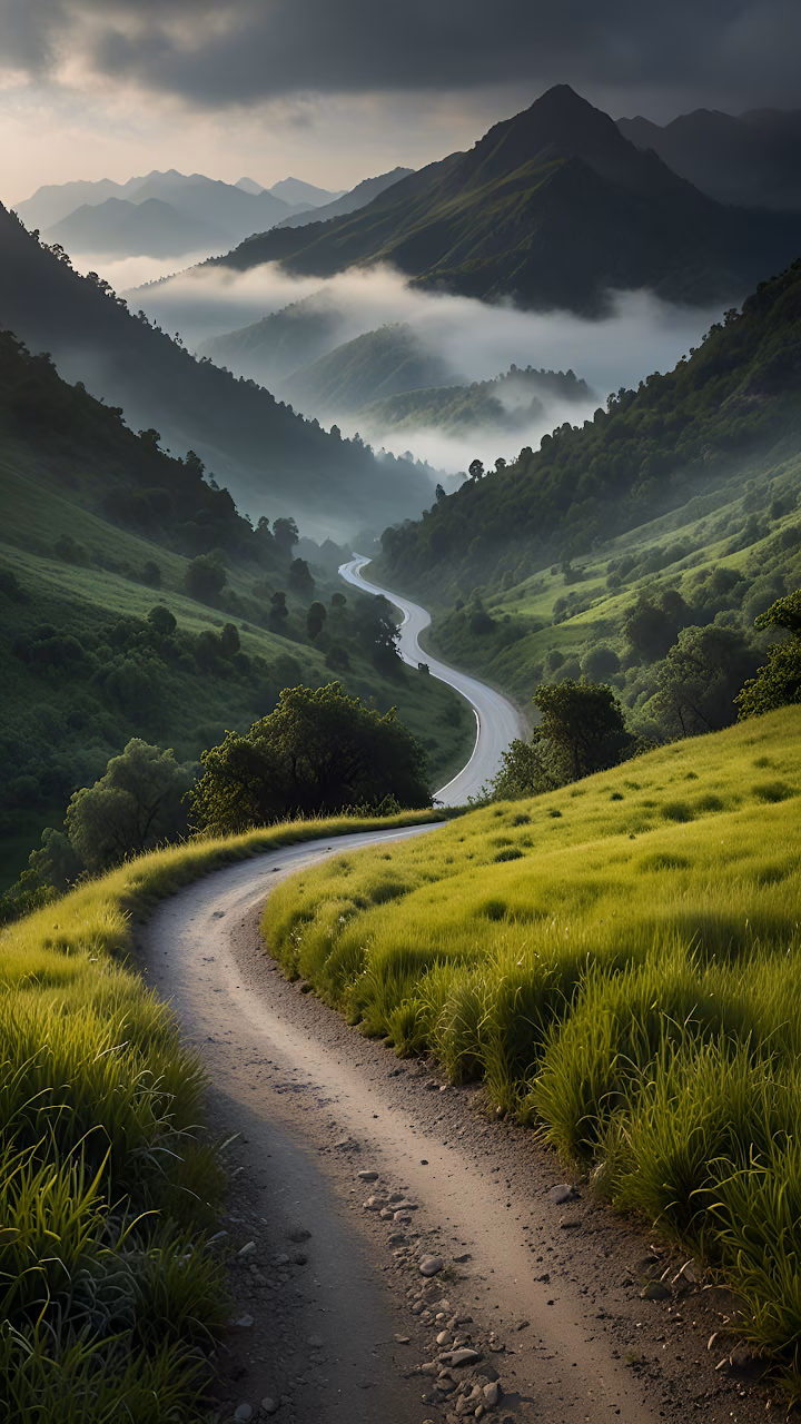 Download Winding Road Through Lush Green Mountain Valley Fog Wallpaper in Mobile HD Winding Road Through Lush Green Mountain Valley Fog - Free Mobile AMOLED Wallpaper Background