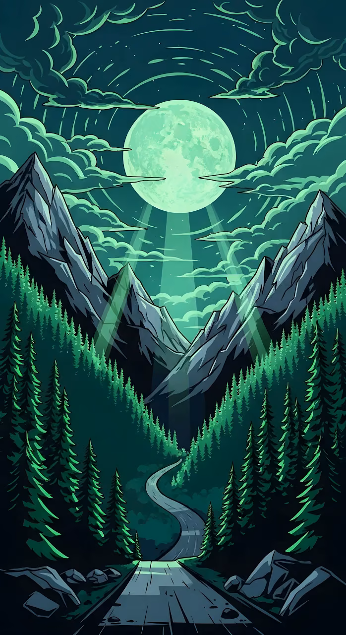 Winding Road Through Pine Forest Under Mint Moon - Free Mobile AMOLED Wallpaper Background