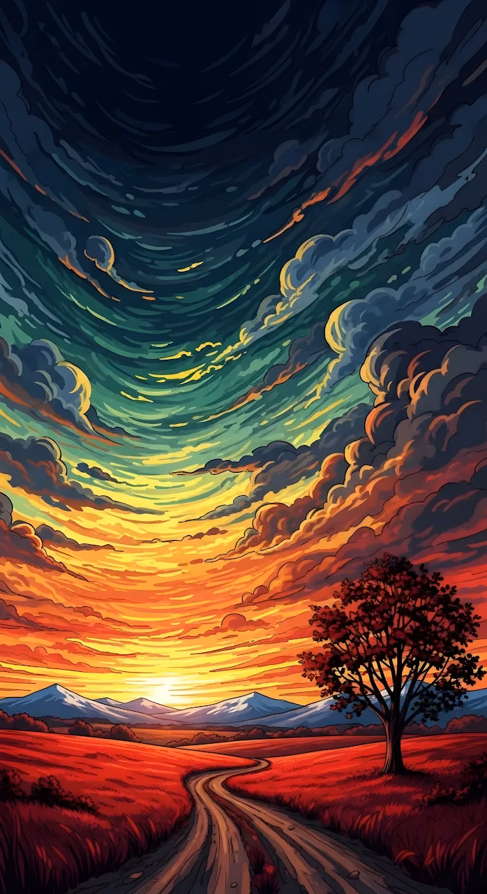Winding Road Through Red Fields Under a Dramatic Sunset Sky - Free Mobile AMOLED Wallpaper Background