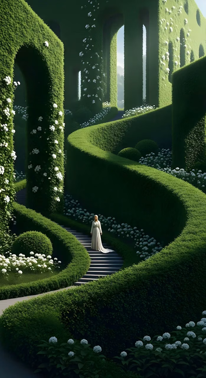 Winding Topiary Garden Stairs with Woman in White Dress - Free Mobile AMOLED Wallpaper Background