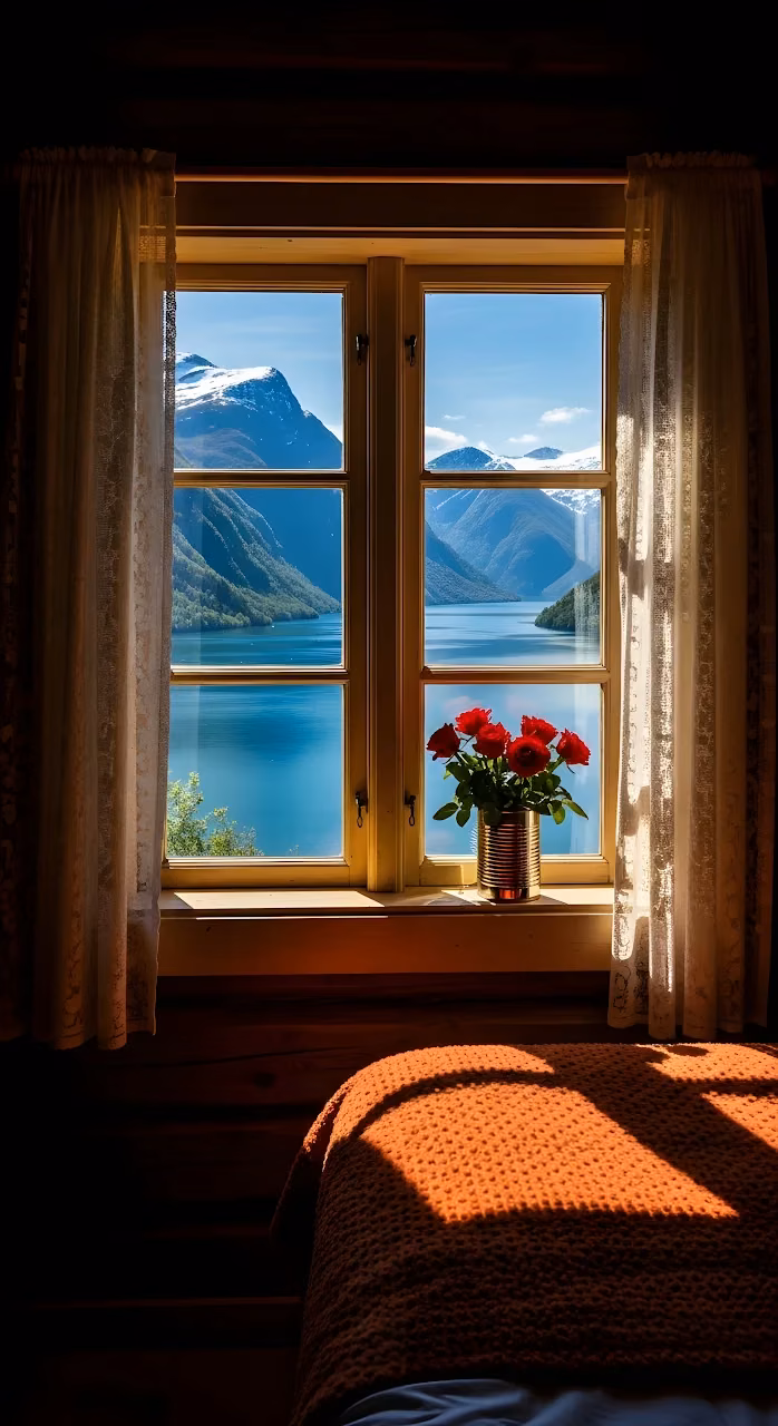 Download Window View of Norwegian Fjord and Snow Capped Mountains Wallpaper in Mobile HD Window View of Norwegian Fjord and Snow Capped Mountains - Free Mobile AMOLED Wallpaper Background