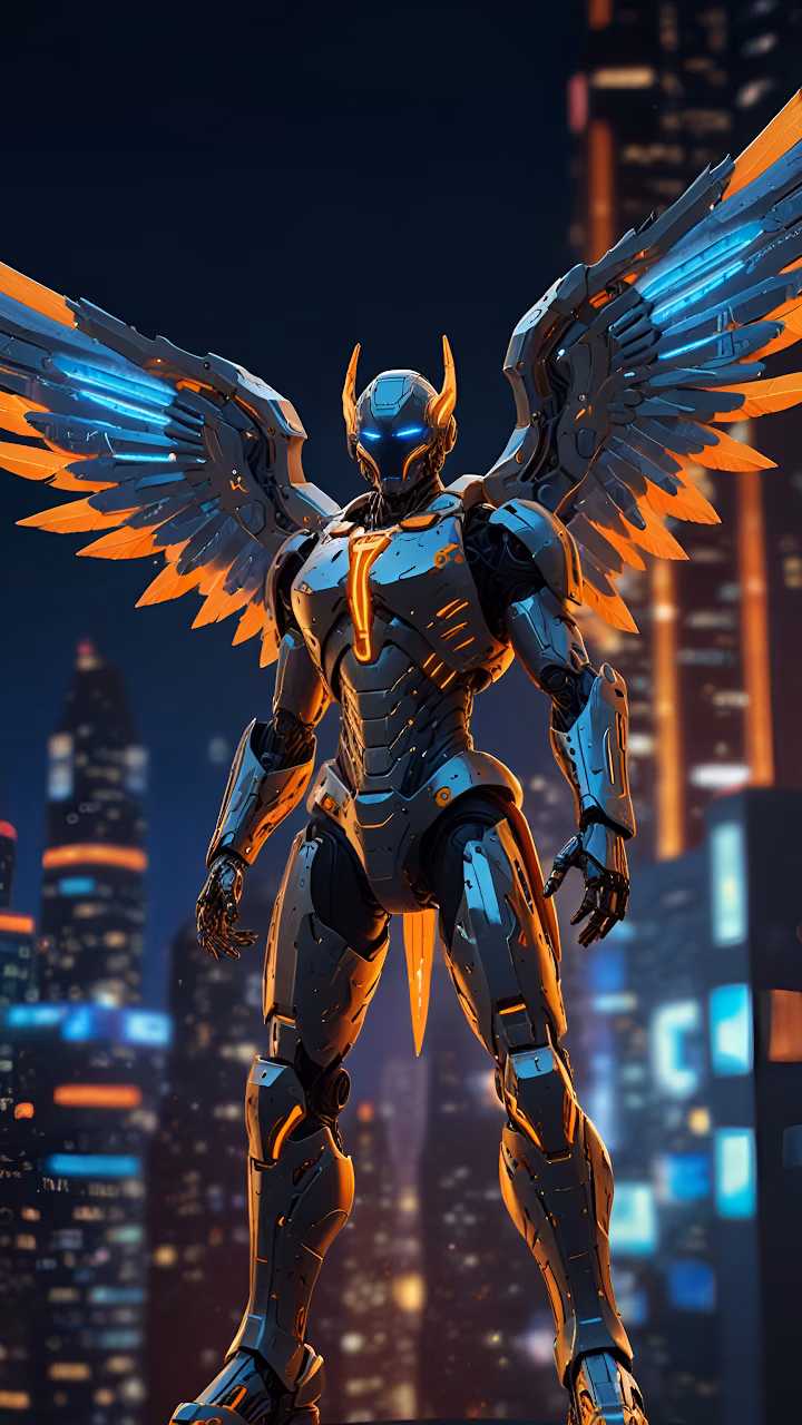 Download Winged Cybernetic Hero Robot City Night Vigil Wallpaper in Mobile HD Winged Cybernetic Hero Robot City Night Vigil - Free Mobile AMOLED Wallpaper Background