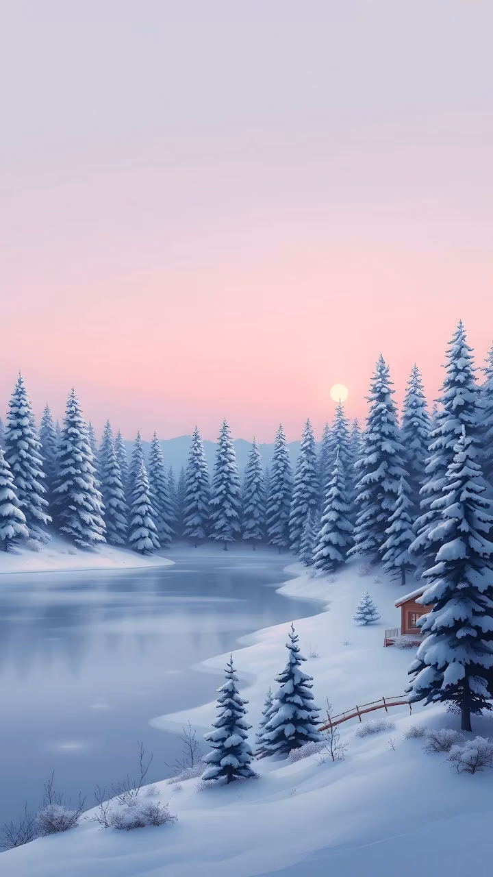 Winter Dawn over Snow Covered Pine Forest and Lake - Free Mobile AMOLED Wallpaper Background