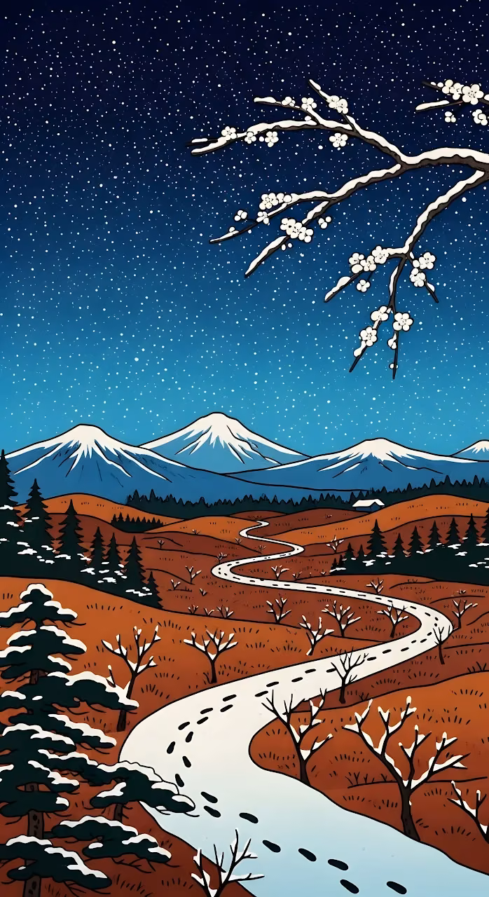 Winter Road to Snowy Mountains under Starry Sky - Free Mobile AMOLED Wallpaper Background